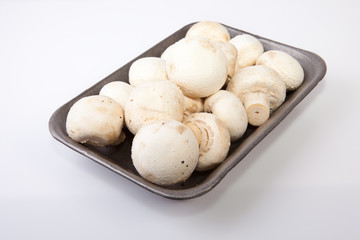 Mushrooms in black plastic tray