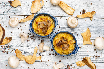 Moshroom casserole in a blue ceramic pot