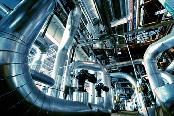 Fototapeta premium Industrial zone, Steel pipelines in blue tones