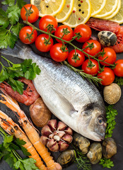 Fresh dorado fish and seafood