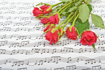 Bouquet of red roses on a background of music notes