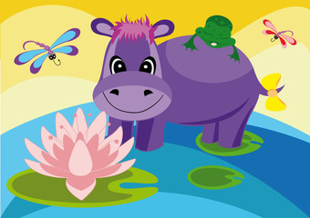 Colorful illustration with a hippo