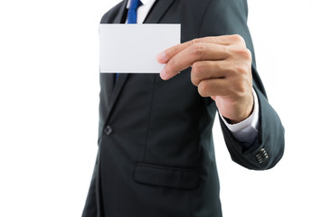 Businessman hand showing business card or note paper isolate