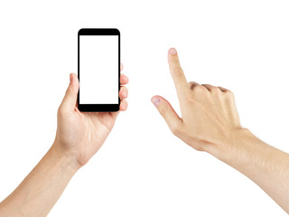 adult man hands using generic mobile phone with white screen