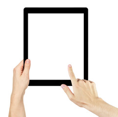 adult man hands using generic tablet pc with white screen