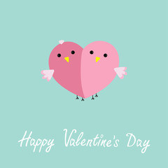 Two pink birds  half heart LoveFlat design  Valentines day card
