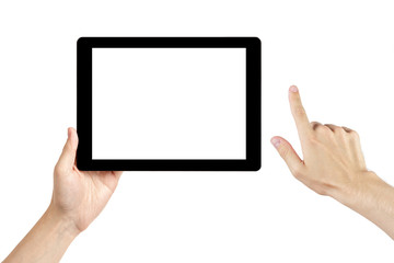 adult man hands using generic tablet pc with white screen