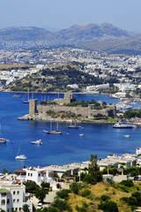 View of Bodrum harbor during hot summer day. Turkish Riviera