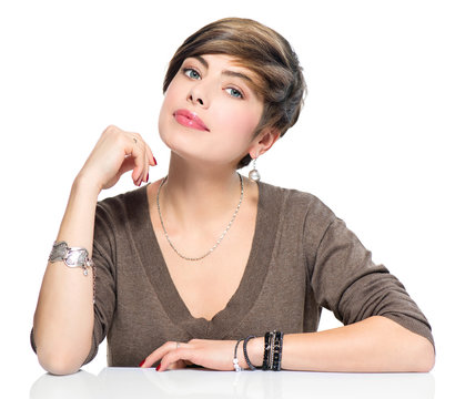 Young beauty woman with short bob hairstyle, beautiful makeup