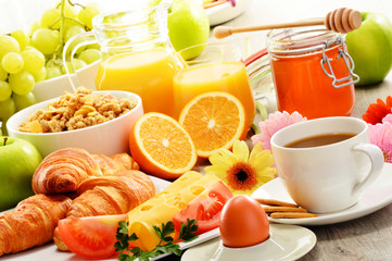 Composition with breakfast on the table. Balnced diet.