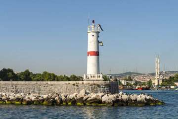 Fototapeta na wymiar Lighthouse in the sea at the entrance of the Bosphorus