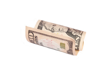 Rolled up ten dollar bill