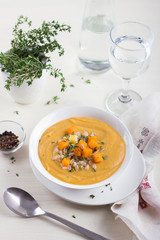 Vegetable cream soup with pumpkin and barley