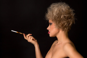 Obraz premium girl in the fashion style with mouthpiece leaning tongue