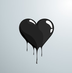 Black melting heart with reflection and drops.