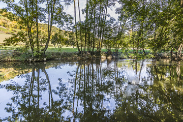 Obraz premium reflection in the river Tauber in lovely Tauber valley