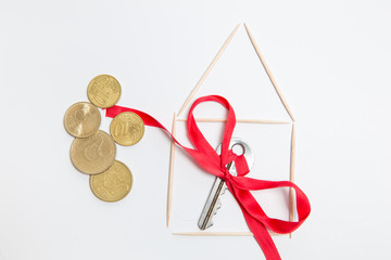 Key with a red bow is in the house of toothpicks near coins