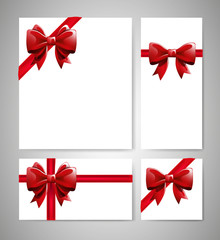 Set of beautiful cards with red gift bows with ribbons