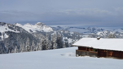 Fototapeta na wymiar Idyllic winter scenery in the Bernese Oberland