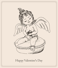 Postcard Happy Valentine's Day with the small girl-angel