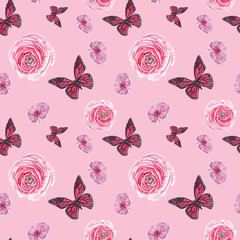 watercolor pink flowers and butterfly pattern
