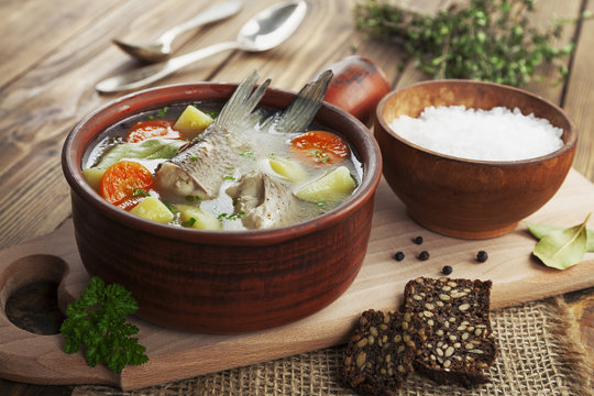 Homemade soup of river fish in the bowl