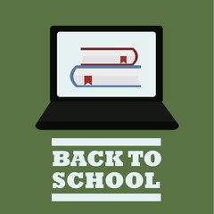 school suplies, laptop and books and illustration over green col