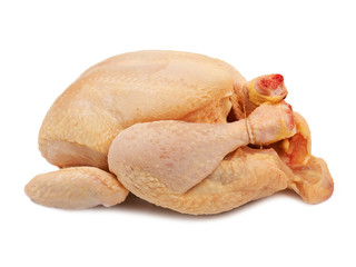 Whole raw chicken isolated on white background