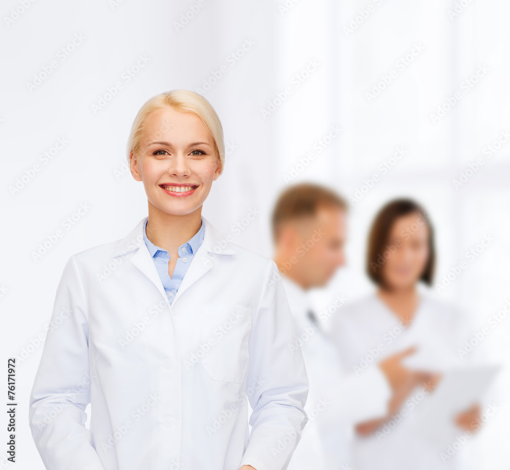 Sticker smiling female doctor with group of medics