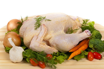 Whole Raw chicken. Selective focus.