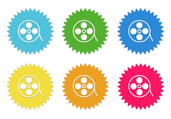 Set of colorful stickers icons with movie symbol