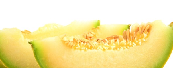 close-up shot Melon galia pieces isolated white in studio