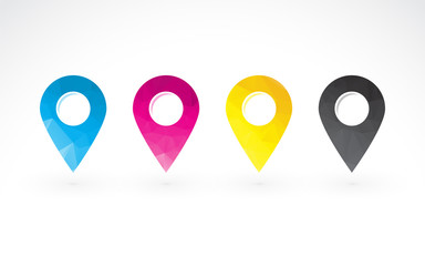 cmyk colored pins to determine the position on the map
