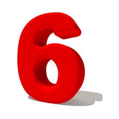 6 sei numero 3d rosso, isolato su fondo bianco