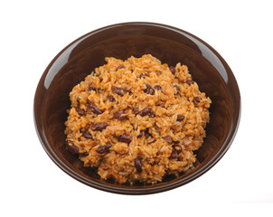 Salad with rice, corn, kidney beans and tomato sauce.