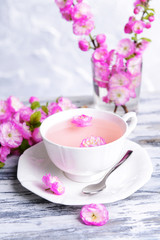 Beautiful fruit blossom with cup of tea