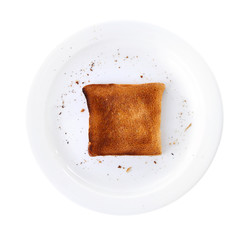 Burnt toast bread on plate, isolated on white background