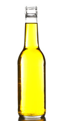 Colorful alcoholic beverage in glass bottle isolated on white