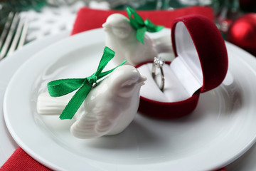 Stylish red, green and white Christmas table setting . Winter