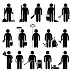 Cleaner Man with Cleaning Tools and Equipments Pictogram