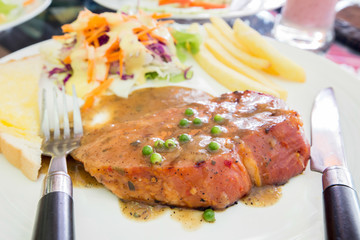 Grilled steak ham on white dish,dallas steak.