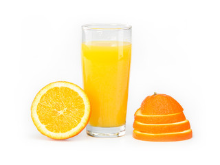 A glass of orange juice on a white background and orange slices