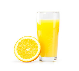A glass of orange juice on a white background and orange slices