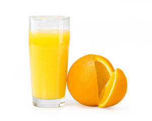 A glass of orange juice on a white background and orange slices
