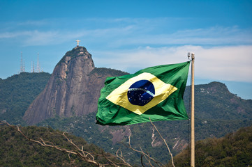 Brazil Flag and Corcovado Mountain with Christ the Redeemer