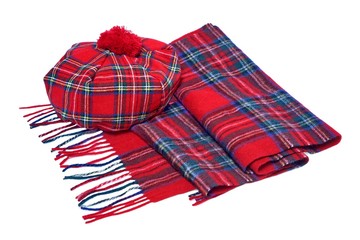 Traditional Scottish Red Tartan Bonnet and Scarf