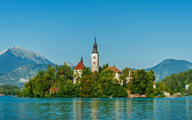 Lake Bled with church and Bled castle, Slovenia