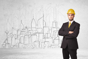 Construction worker with cityscape background