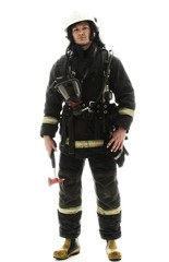 Young firefighter with helmet and axe isolated on white