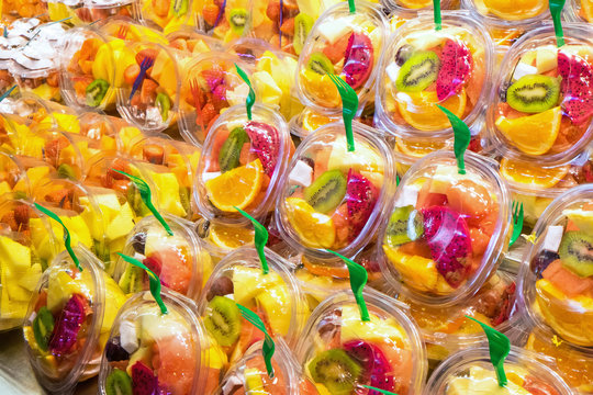 Fruit salads at a market